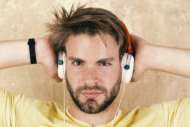 American handsome bearded guy with headphones. European man have fun time. - Foto, Imagem