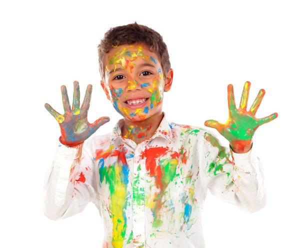 funny African boy with face and hands covered with paint isolated on white background - Photo, Image
