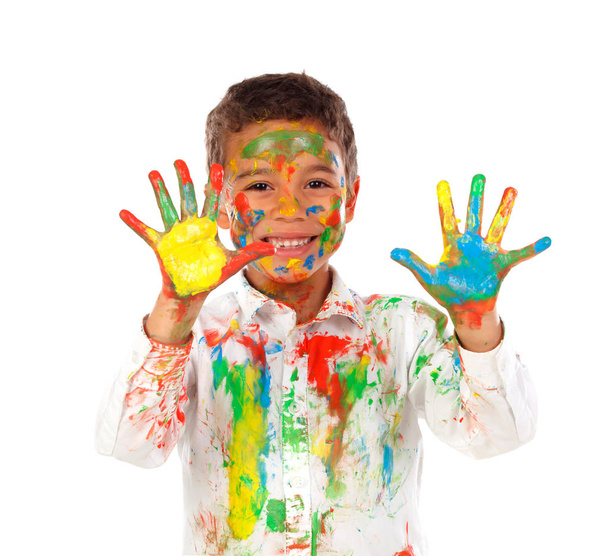 funny African boy with face and hands covered with paint isolated on white background - Photo, Image