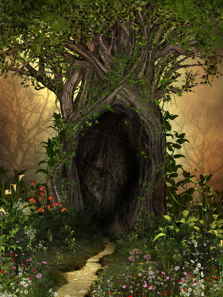 Magische boom met een grot omlijst door bloemen - Foto, afbeelding