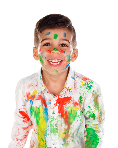 divertente bambino con il viso coperto di vernice, isolato su sfondo bianco
 - Foto, immagini