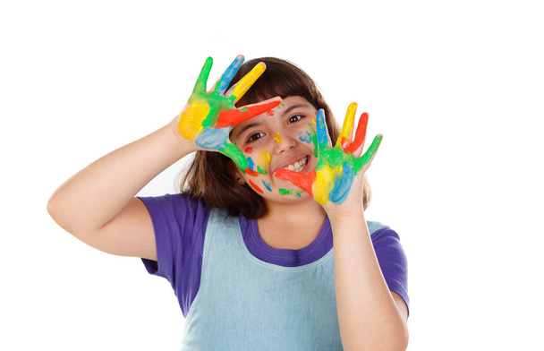 funny girl with face and hands covered with paint isolated on white background - Photo, Image