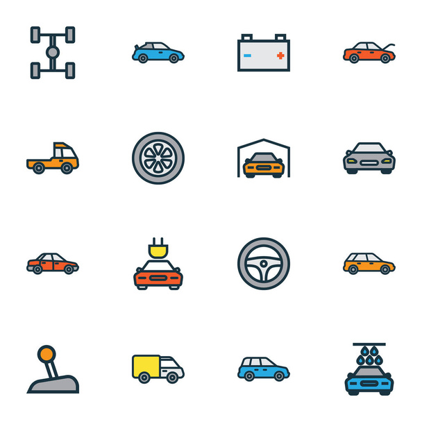 Car icons colored line set with sport, gear, tesla and other electric  elements. Isolated vector illustration car icons. - Vector, Image