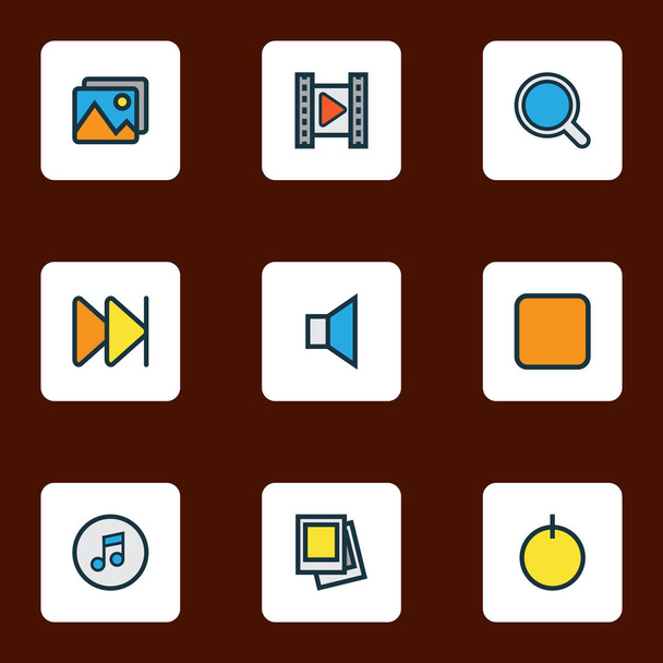 Multimedia icons colored line set with search, cinema, gallery and other power elements. Isolated vector illustration multimedia icons. - Vector, Image