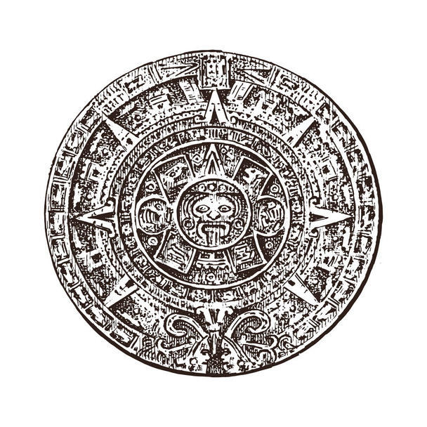 Mayojen kalenteri. perinteinen natiivi atsteekki kulttuuri. Muinainen yksivärinen Meksiko. Amerikkalaiset intiaanit. Kaiverrettu käsin piirretty vanha luonnos etiketti
. - Vektori, kuva