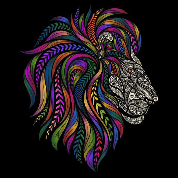 Vector silueta de un león de hermosos patrones con una melena de color sobre un fondo negro
 - Vector, imagen