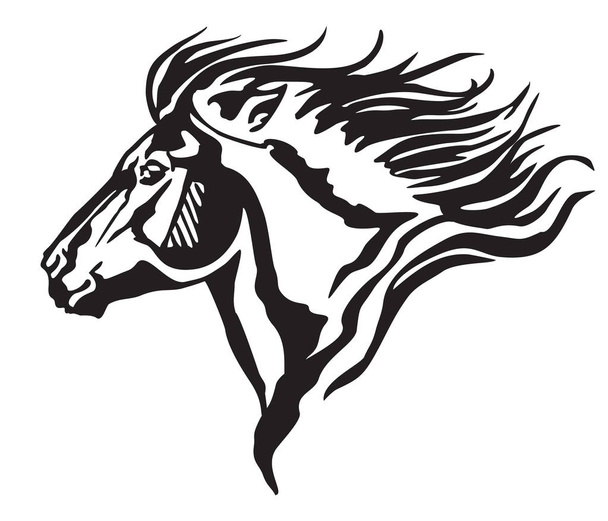 Retrato decorativo en perfil de pony en ejecución con crin larga, ilustración aislada vectorial en color negro sobre fondo blanco. Imagen para diseño y tatuaje
.  - Vector, Imagen