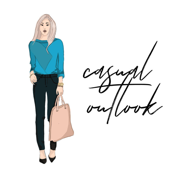 Young woman in blue bloude and pants holding purse illustration. Fashoin outlook. Business girl casual offise style.  street style glamour runaway. Magazine fashion print card - Vektor, kép