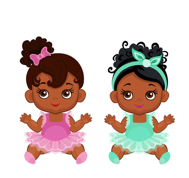 Vector cute little baby African American ballerinas in  tutu dresses.  Vector illustration isolated on white background. - Vector, Image