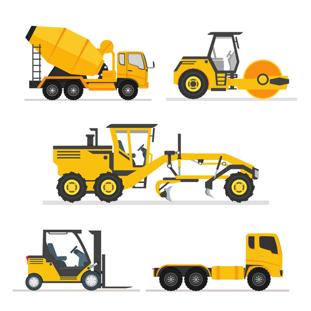 set of construction heavy machines. vehicles construction equipment for building. Road Grader, Concrete cement mixer truck, long trailer, road roller, fork lift. isolated illustration vector. - Vector, Image