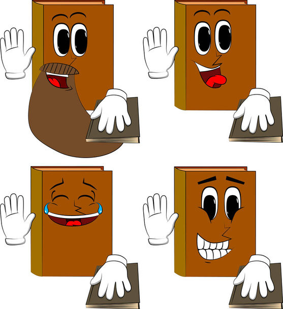 Books raising his hand and put the other on a holy book. Cartoon book collection with happy faces. Expressions vector set. - Vector, Image