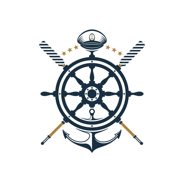 Roue de navire, ancre, aviron, capitaines icônes chapeau design. Badge nautique sur fond blanc
.  - Vecteur, image