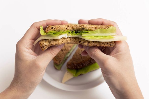 かまチーズとレタス手にサンドイッチ、全体白プレートでサンドイッチします。昼食、休憩、健康的なスナックの概念 - 写真・画像