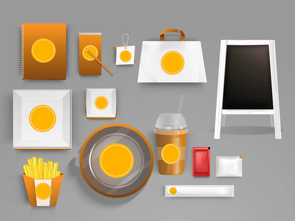 Realistic mockup of corporate identity set with illustration of fast food, paper cup, bag, file and diary can be use for business promotion, coffee shop and restaurant. - Vector, Image