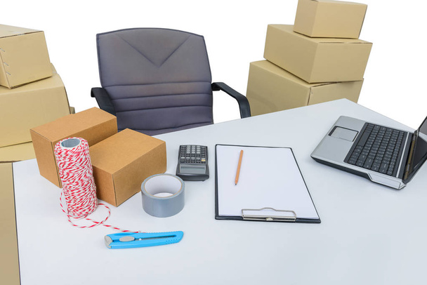 Desks and office equipment, computer laptop. business and online order shipping supplies, Delivery and package isolated on white background with clipping path - Fotografie, Obrázek