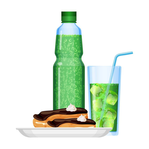 Fizzy drinks in bottle and cup with food vector illustration - Vektori, kuva