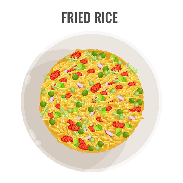 Smažená rýže v bílé míse rovině pozorovacími vektorové ilustrace - Vektor, obrázek