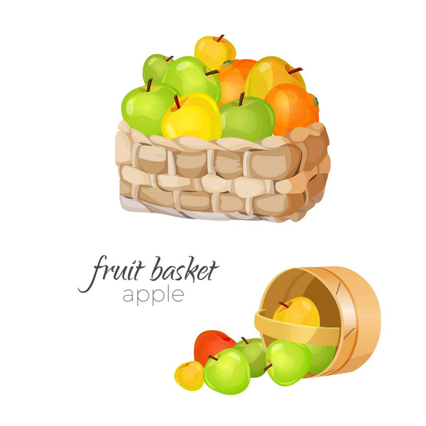 Straw wicker basket with ripe and ruddy apples - Vecteur, image