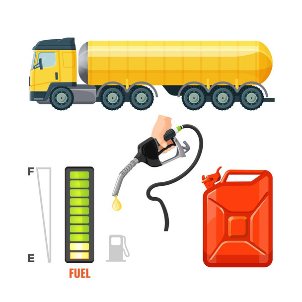 燃料トラック アイコン、ガソリン機器および消耗品。キャニスターとフック - ベクター画像