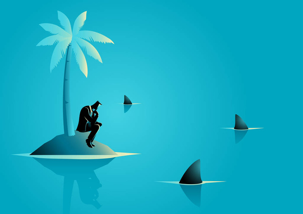 Business concept vector illustration of a businessman get stuck on island with water full of shark, business, financial crisis, frustration, castaway concept - Vector, Image