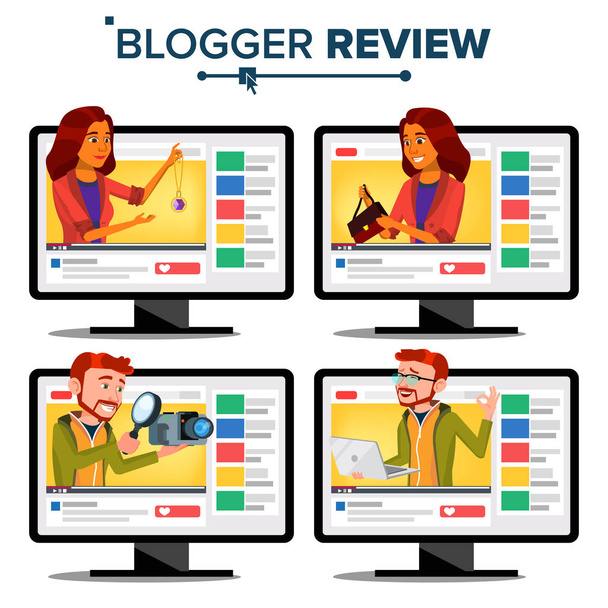 Blogger Review koncepció vektor. Video Blog Channel. Férfi, nő népszerű videóinak Streamer Blogger. Felvétel. Online élő adás. Funkcionális tesztelés. Divat. Rajzfilm illusztráció - Vektor, kép