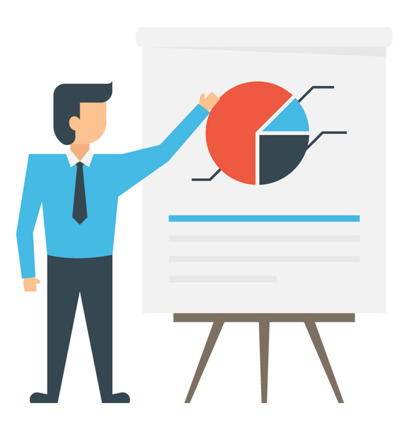 A man standing next to presentation board pointing on pie chart giving presentation - Vector, afbeelding