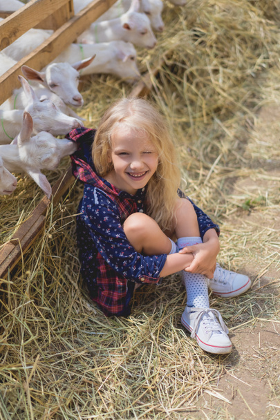 vista de ángulo alto del niño sonriente sentado en el heno cerca de cabras detrás de vallas en la granja
 - Foto, imagen