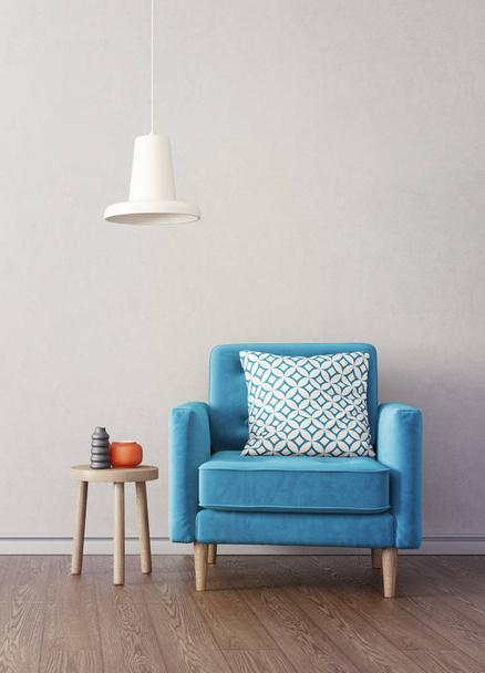 сучасна вітальня з синім кріслом і лампою
 - Фото, зображення