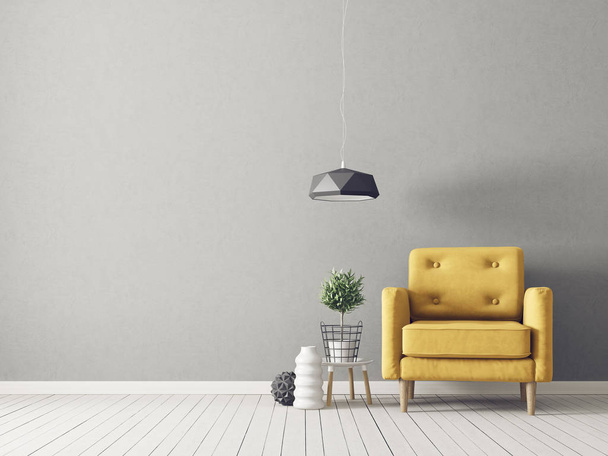 modern living room with yellow armchair, plant in pot and lamp - Фото, изображение