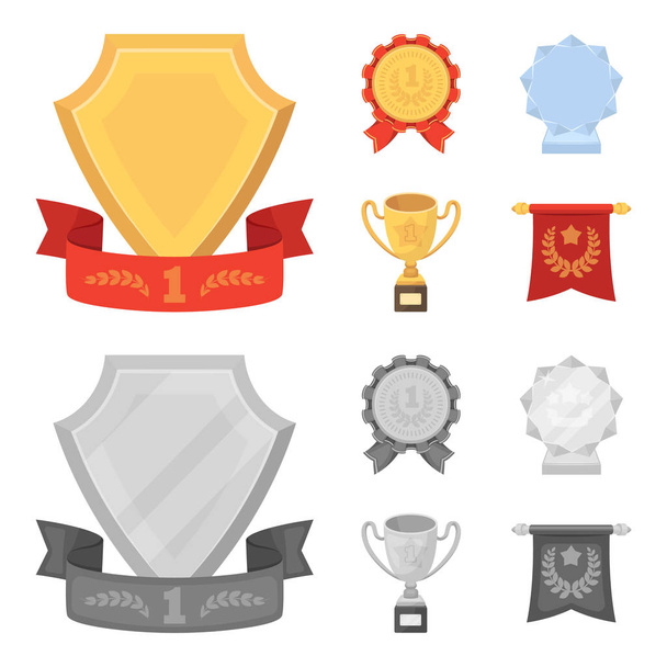 An Olympic medal for the first place, a crystal ball, a gold cup on a stand, a red pendant.Awards and trophies set collection icons in cartoon,monochrome style vector symbol stock illustration web. - ベクター画像