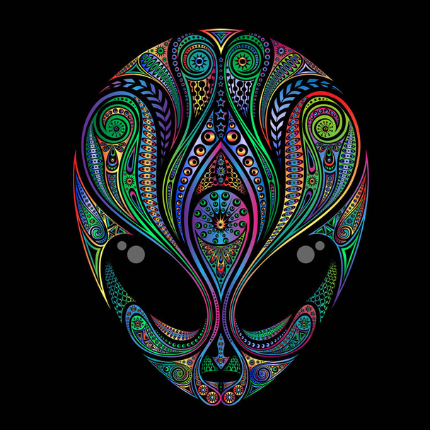 Цветной вектор головы инопланетянина из узоров на черном фоне
 - Вектор,изображение