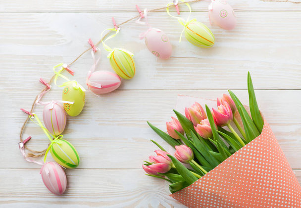 Colorful tulips on wooden table, copy space - Fotoğraf, Görsel