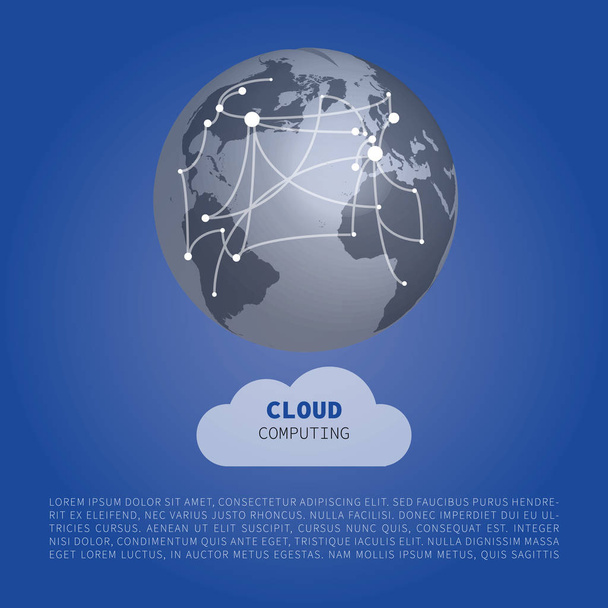 Cloud Computing Design Concept met wereld kaart verbindingen - digitale netwerkverbindingen, technische achtergrond - Vector, afbeelding