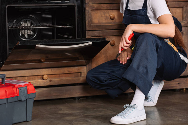 cropped shot of repairwoman with pliers sitting near oven - Фото, изображение