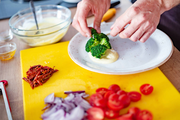 chef making salad, close up - Photo, image