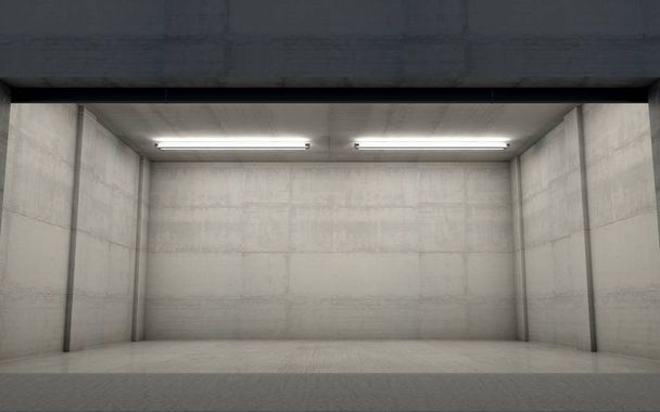 Погляд всередині порожнього двомісного гаража, зробленого з бетону ввечері 3D рендерингу
 - Фото, зображення