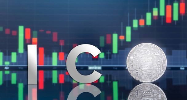 Początkowe monety oferuje (Ico) i cyfrowe token inwestowanie koncepcja - fizyczne metalu cyfrowe monety z niebieski globalnego handlu wymiany cena rynkowa wykresu w tle. - Zdjęcie, obraz