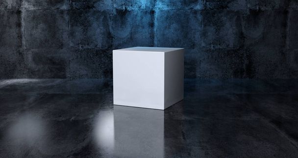 Cubo blanco geométrico simple abstracto de la forma primitiva en textura realista del sitio del hormigón oscuro con la ilustración de la representación de la luz azul 3D
 - Foto, imagen