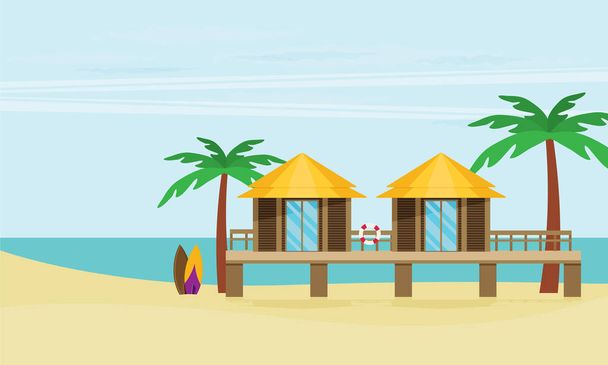 bungalows tropicais na praia arenosa, vetor, ilustração, conceito de verão
  - Vetor, Imagem