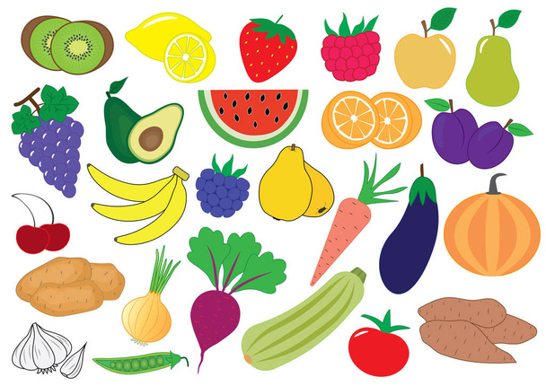 Gyümölcsök, bogyós gyümölcsök és zöldségek rajzfilm, ikon. Állítsa be. Vektoros illusztráció - Vektor, kép