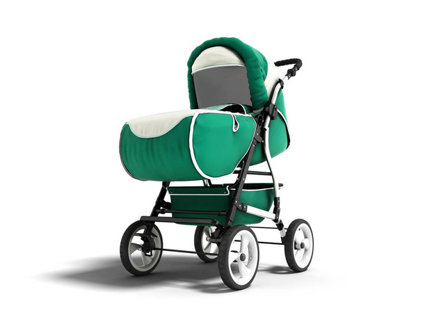 Modern emerald baby carriage for any weather with white inserts 3d render on a white background with shadow - Photo, Image
