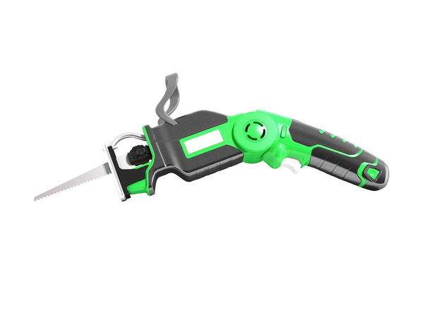 Modern green hacksaw on battery for garden works in summer 3d render on white background no shadow - Photo, Image