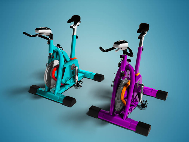 Modern turquoise and purple exercise bikes perspective 3d render on blue background with shadow - Photo, Image