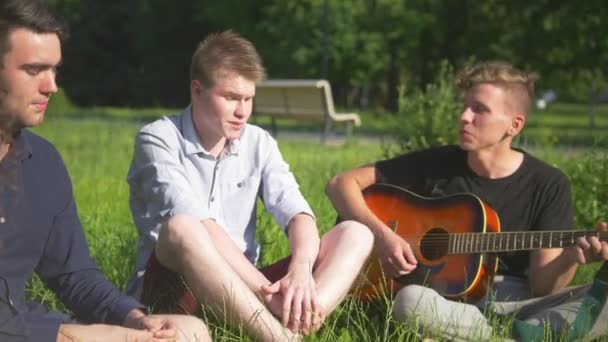 Молодые друзья хипстеры сидят на траве и поют песни с гитарой
 - Кадры, видео