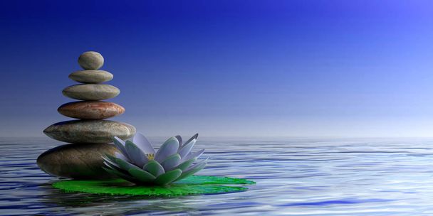 Concepto Spa. Piedras Zen pila y nenúfar sobre fondo azul mar y cielo, espacio de copia. ilustración 3d
 - Foto, Imagen