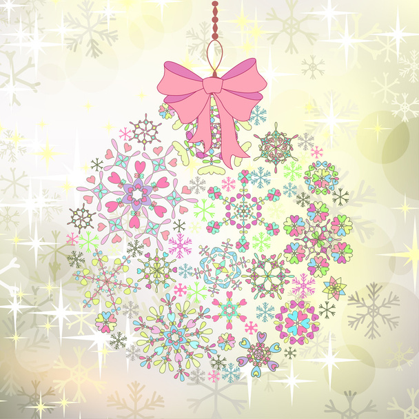 Χριστουγεννιάτικη κάρτα με μπάλα, πολύχρωμα στυλιζαρισμένη νιφάδες χιονιού - Διάνυσμα, εικόνα
