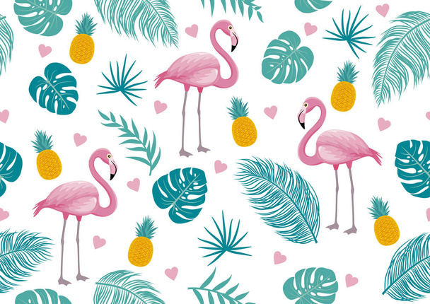 Summer seamless pattern of flamingo and tropical leaves vector illustration - Vector, Image