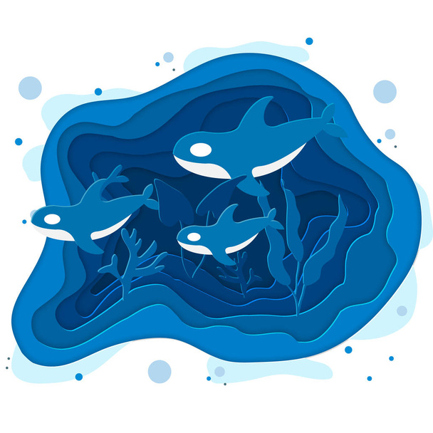波と海の底のベクター イラストです。紙はカット深いスタイルのベクトルです。深い青色の海洋生物、ダイビング コンセプト。海の野生動物。クジラのイラスト. - ベクター画像