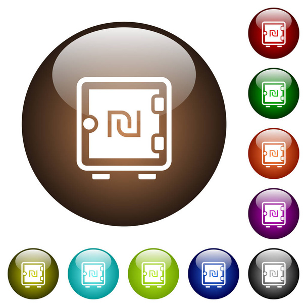 Nuevo Shekel caja fuerte iconos blancos en botones de vidrio de color redondo
 - Vector, imagen