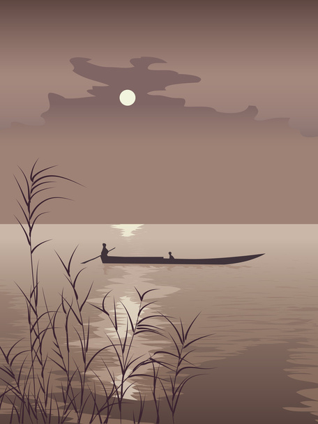 Vector illustration boat on lake against the Moon - Vector, Image
